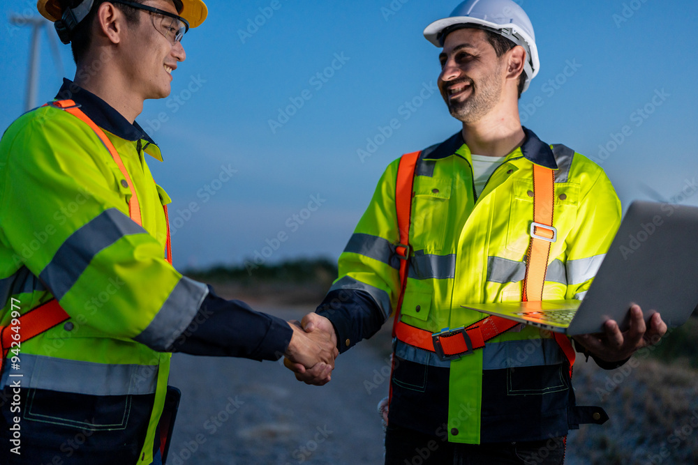 Technicians man making handshake while work in the wind turbines field. Technicians man making handshake while work in the wind turbines field.