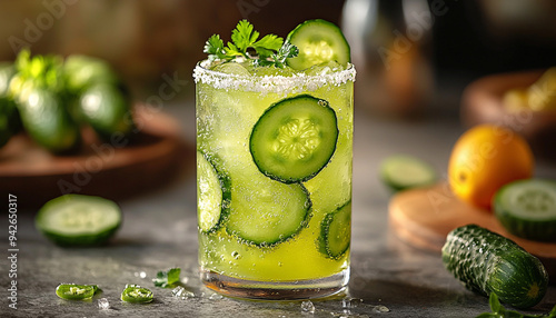 Refreshing cucumber cocktail on rustic wooden table in summer generated by AI