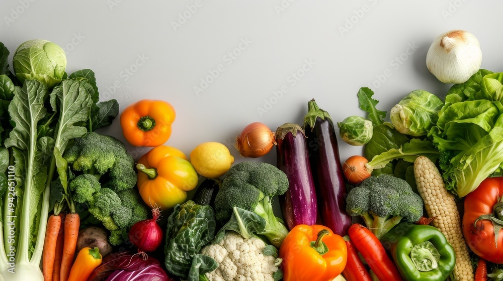 Vegetables Deep Color Assorted vegetables with leafy greens, borders, detailed textures ...