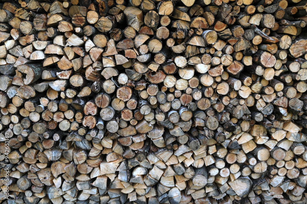 A pile of firewood stacked and prepared for winter. A pile of firewood stacked and prepared for winter.