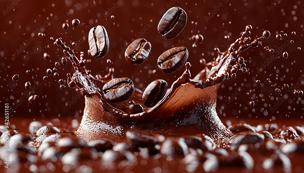 Dark coffee bean falling, liquid spilling, freshness pouring generated by AI Dark coffee bean falling, liquid spilling, freshness pouring generated by AI