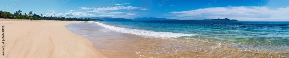 Wide-angle shot of beach meeting ocean, Coastal Tranquility, Beachfront Horizon Wide-angle shot of beach meeting ocean, Coastal Tranquility, Beachfront Horizon
