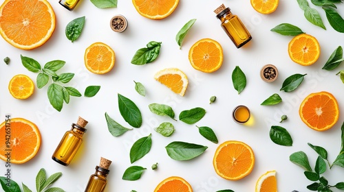 A flat lay composition featuring essential oil bottles with bright orange and green leaves,