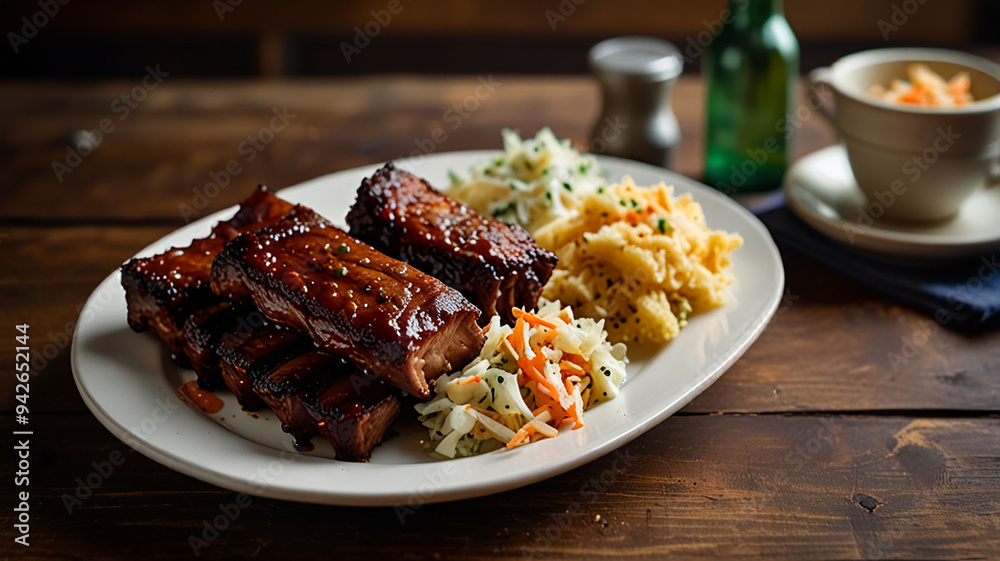 A Plate Of Smoky Bbq Ribs With A Side Of Tangy Coleslaw And Cornbread, Set On A Rustic Table, Food Menu Image A Plate Of Smoky Bbq Ribs With A Side Of Tangy Coleslaw And Cornbread, Set On A Rustic Table, Food Menu Image