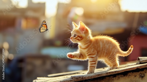 A kitten is chasing a butterfly.