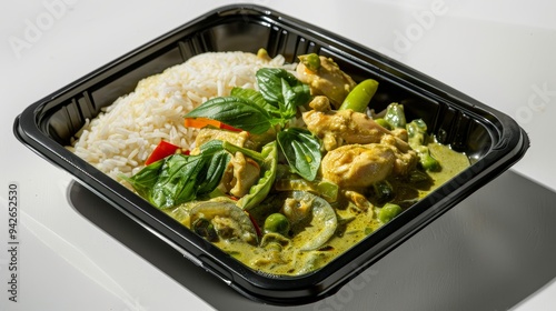 Green Curry with Chicken in Black Plastic Container, Steamed Rice, White Background, Side View, Delicious, Studio Shot, Sun Shadows, Zoom Out, photo