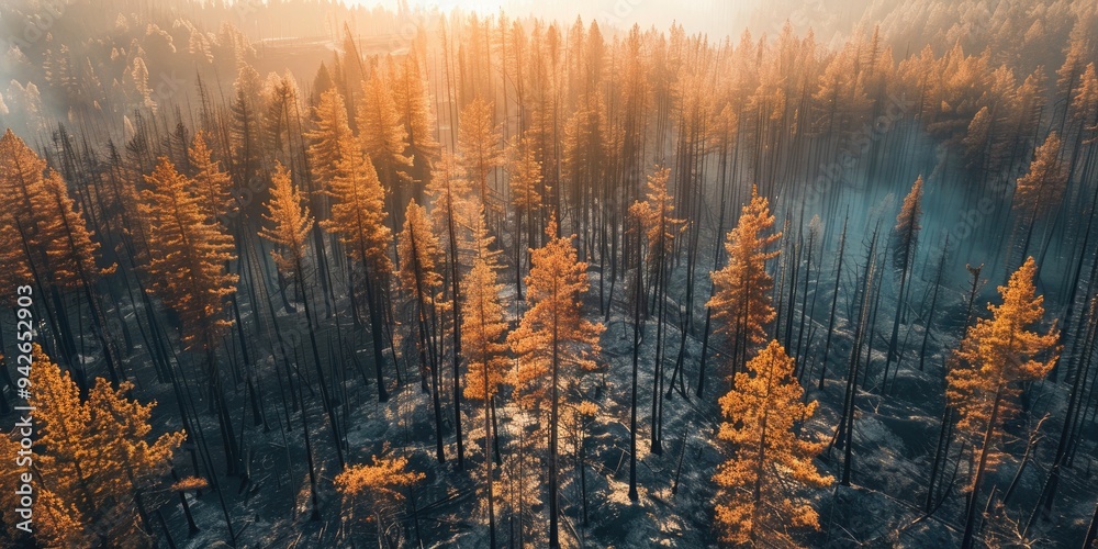 Aerial view of a charred forest landscape after a fire showing burnt ...