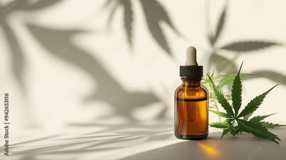 Fototapeta premium A simple yet elegant image of cannabis extract for treatment, placed against a white background with a gentle shadow,