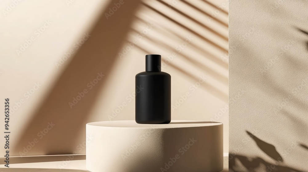 A sleek mockup of a plain black perfume bottle, elegantly placed on a minimalist podium with a neutral background