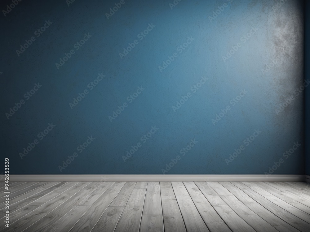 Empty Room with Blue Wall and Light Wood Floor