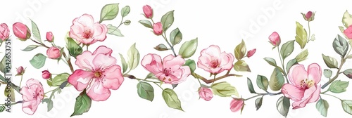 Wallpaper Mural Watercolor Pink Flowers. Botanical Hand-Drawn Decoration with Green Leaves Illustration Torontodigital.ca