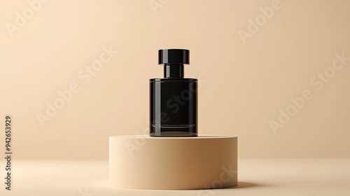 Wallpaper Mural A stylish black perfume bottle sitting neatly on a podium, set against a neutral background, Torontodigital.ca