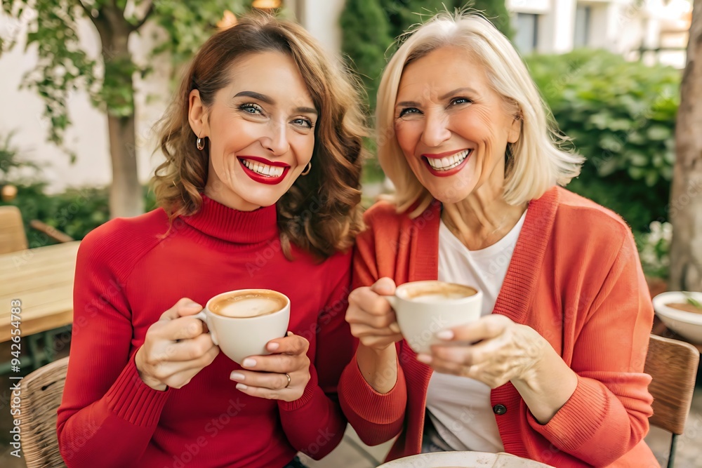 Happy mother and daughter enjoying coffee together. Happy mother and daughter enjoying coffee together.