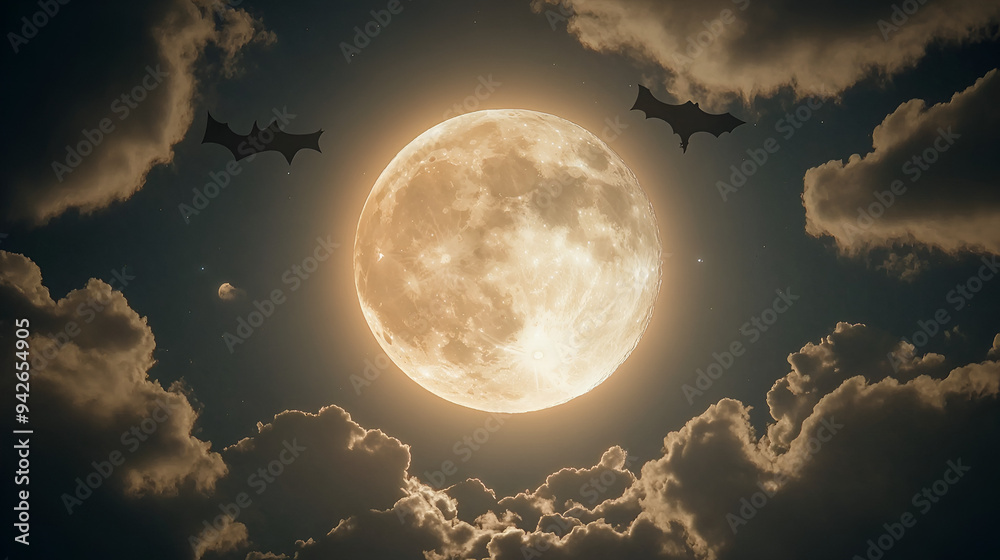 Full Moon in a Night Sky with Bats for Halloween Designs Full Moon in a Night Sky with Bats for Halloween Designs
