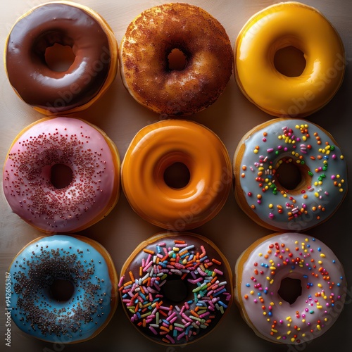 A top-down view of colorful donuts, highlighting their playful designs and mouth-watering appeal.