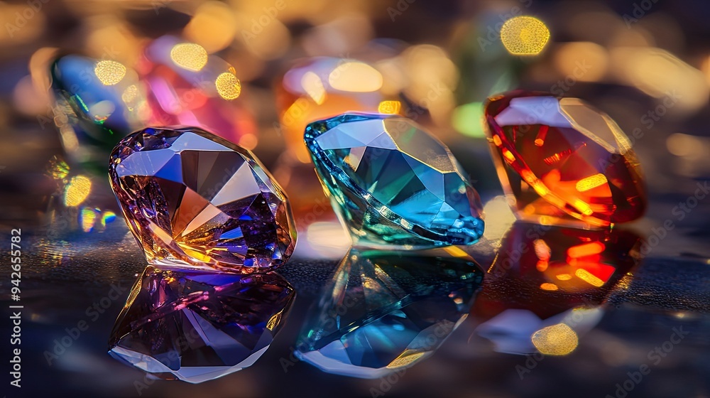 Colorful gemstones glimmering on a reflective surface, captured in warm, soft light, Colorful gemstones glimmering on a reflective surface, captured in warm, soft light,