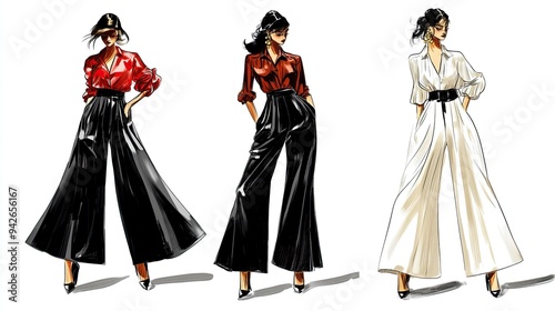 Fashion sketches of three stylish outfits featuring wide-legged trousers and elegant blouses,