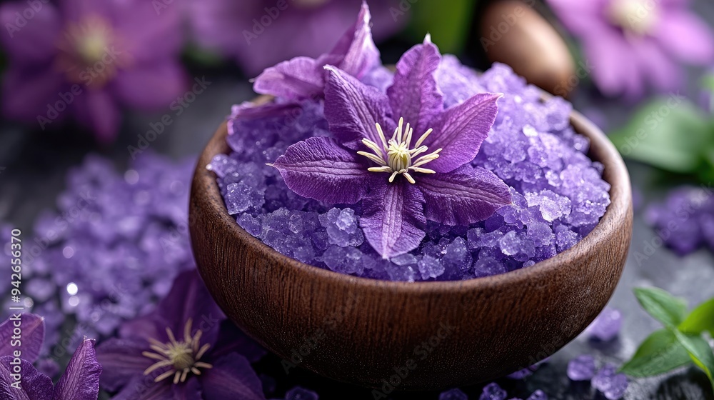Purple clematis spa salt, beautifully displayed with selective focus, creating a serene and inviting scene Purple clematis spa salt, beautifully displayed with selective focus, creating a serene and inviting scene