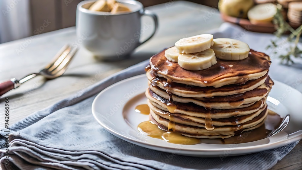 Delicious Pancakes with Banana and Syrup. Delicious Pancakes with Banana and Syrup.