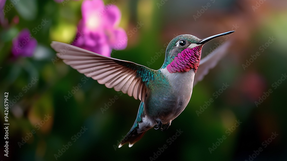 Close-up of colorful hummingbird mid-flight Close-up of colorful hummingbird mid-flight