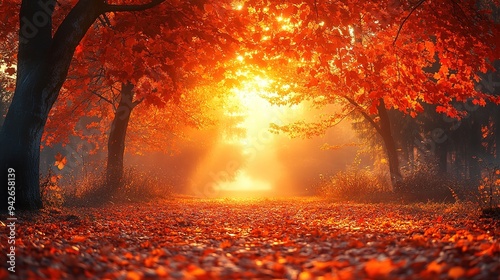 Colorful trees and footpath road in autumn landscape in deep forest. The autumn colors in the forest create a magnificent view. autumn view in nature