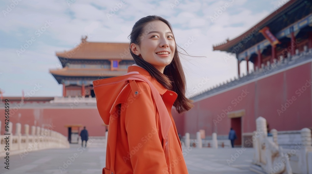 Fototapeta premium Asian female model in orange-red travel coat, happy, full-body shot, Beijing landmarks (Great Wall, Forbidden City, Temple of Heaven), urban landscape