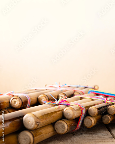 Panpipes on beige background isolated. Zampoña. Andean Instruments. South American instruments. Wind instruments. Pan flute.