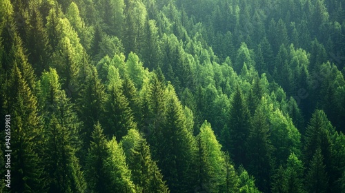Dense forest background wallpaper, green trees. 