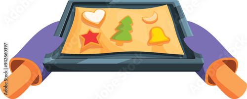 Baker is holding a baking sheet with freshly baked christmas cookies
