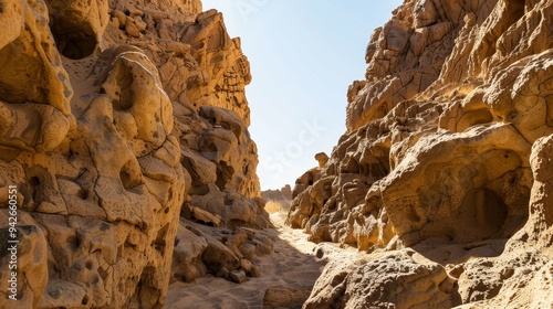 Rugged desert canyon with textured rock formations under clear sky, expansive and open view, ideal for artistic backdrop. photo