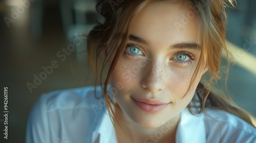 An 18-year-old woman in a white dress shirt, captured in a close-up shot, displaying a range of emotions on her face.