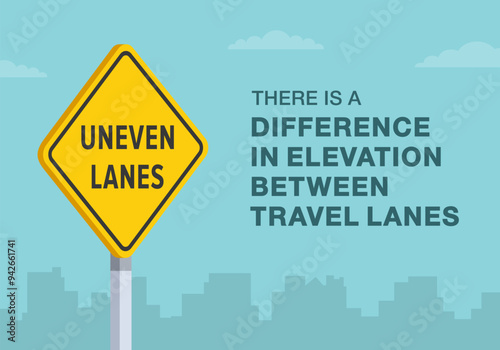 Safe driving tips and traffic regulation rules. Close-up of United States "uneven lanes" sign. There is a difference in elevation between travel lanes. Flat vector illustration template.