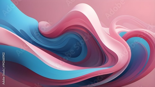 flowing glass waves, 3D scene, translucent, soft pink, blue tones, cascading, light reflection, curved surfaces, ethereal, calming visual, abstract sculpture