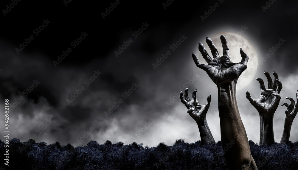 Zombie hands rising under full moon in dark horror Halloween scene Zombie hands rising under full moon in dark horror Halloween scene