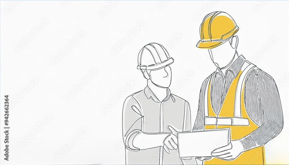 Construction manager instructing builder in minimalist line art illustration Construction manager instructing builder in minimalist line art illustration