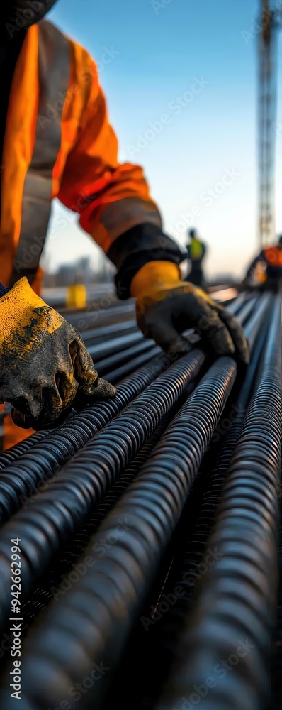 Close-up of a worker's hands arranging steel rods on a construction site, showcasing craftsmanship and industrial work. Close-up of a worker's hands arranging steel rods on a construction site, showcasing craftsmanship and industrial work.