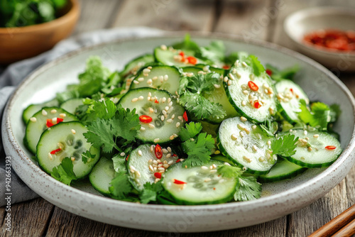 A crunchy Asian cucumber salad with sesame seeds, chili flakes, and fresh herbs on a ceramic plate.
