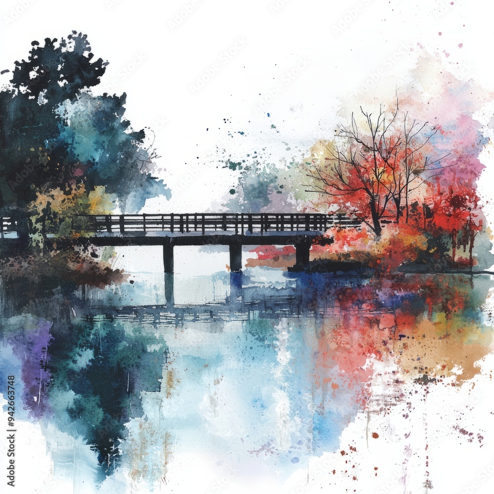 Fototapeta premium watercolor painting of a narrow bridge over a sparkling river, on isolated white background