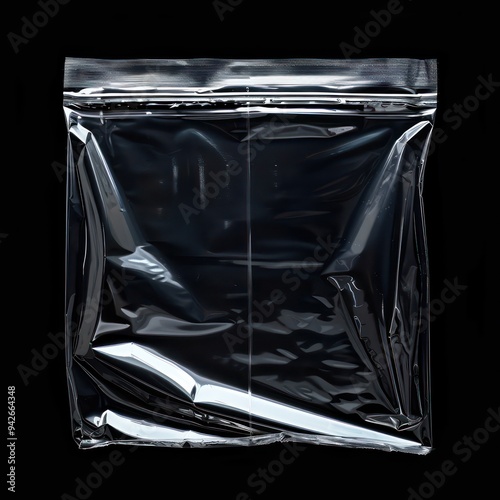 A cellophane envelope with a ziplock closure, featuring a transparent surface and squared edges, presented on a black background for a sleek, modern look.