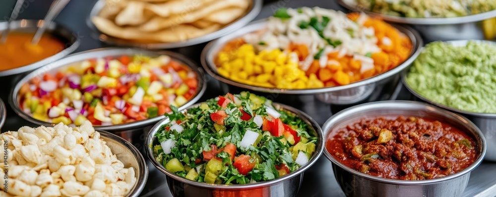 A busy chaat stall with a variety of toppings and sauces, ready to customize, chaat, Indian street food, toppings