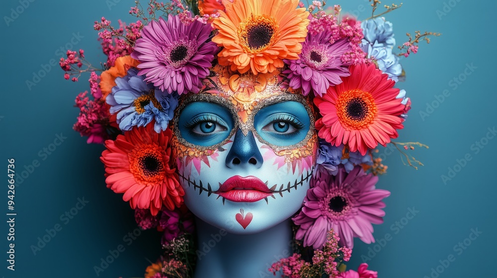 dia de los muertos festive Catrina mask with dahlias, roses and orange marigolds on a vibrant bold purple background dia de los muertos festive Catrina mask with dahlias, roses and orange marigolds on a vibrant bold purple background
