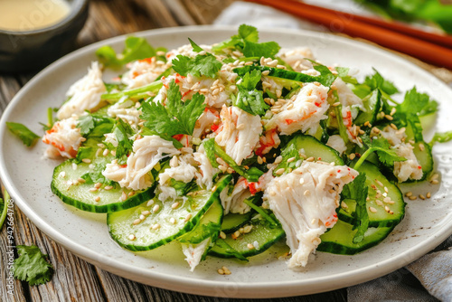 A Rangoon-style crab and cucumber salad with sesame seeds, served on a white plate with fresh herbs.