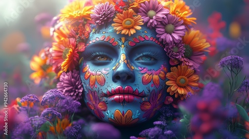 dia de los muertos festive Catrina mask with dahlias, roses and orange marigolds on a vibrant bold purple background