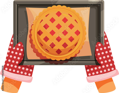 Baker is holding a baking sheet with a freshly baked pie, using oven mitts to protect their hands