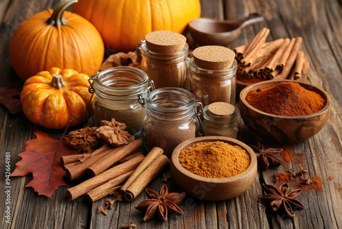 A collection of pumpkin spices with cinnamon, nutmeg, and cloves on a rustic wooden table.