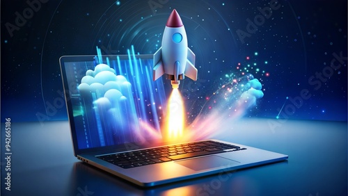 Digital elements forming rocket on laptop screen  photo