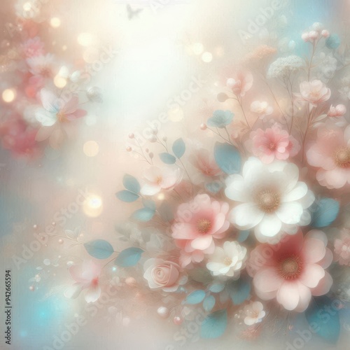 Dreamy pastel-colored floral background with delicate flowers and a blurred effect, creating a serene ambiance 