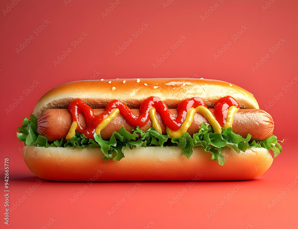 Delicious hot dog on a bun, topped with ketchup and mustard, served with fresh lettuce on a vibrant background. Delicious hot dog on a bun, topped with ketchup and mustard, served with fresh lettuce on a vibrant background.