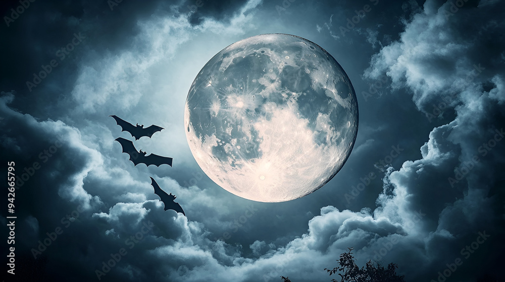 Spooky Halloween Night with Full Moon and Bats