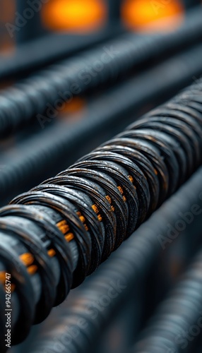 Close-up view of black steel rebar, showcasing texture and detail, ideal for construction and industrial themes.